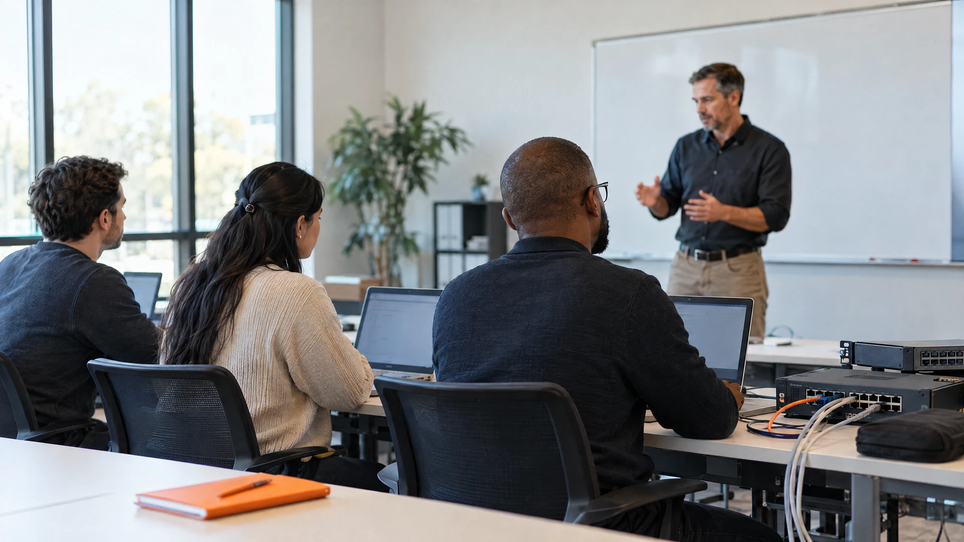 Instructor guiding a small hands-on technical training workshop with laptops and networking practice equipment