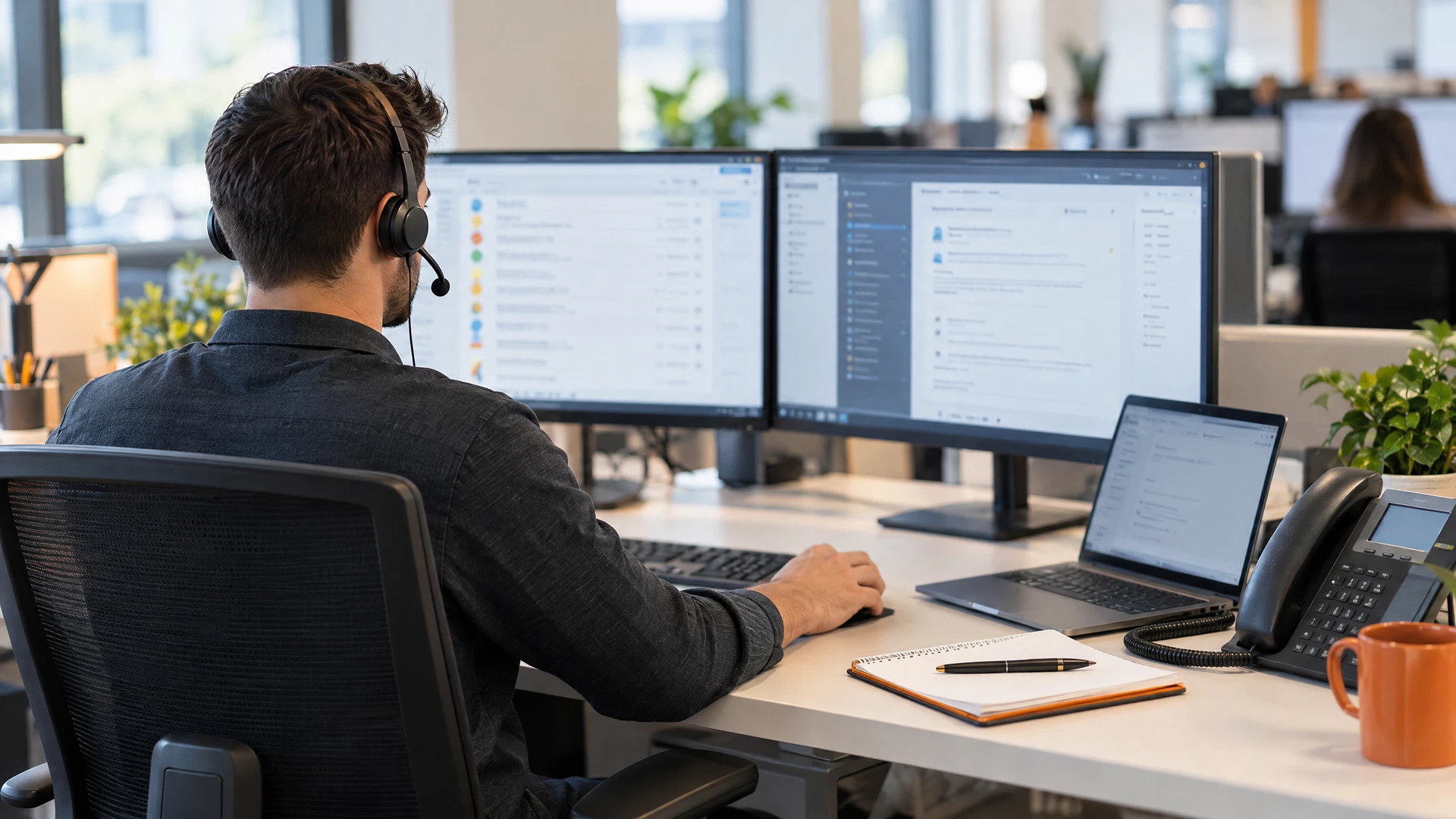 Helpdesk specialist wearing a headset at a workstation with ticket-management and troubleshooting screens