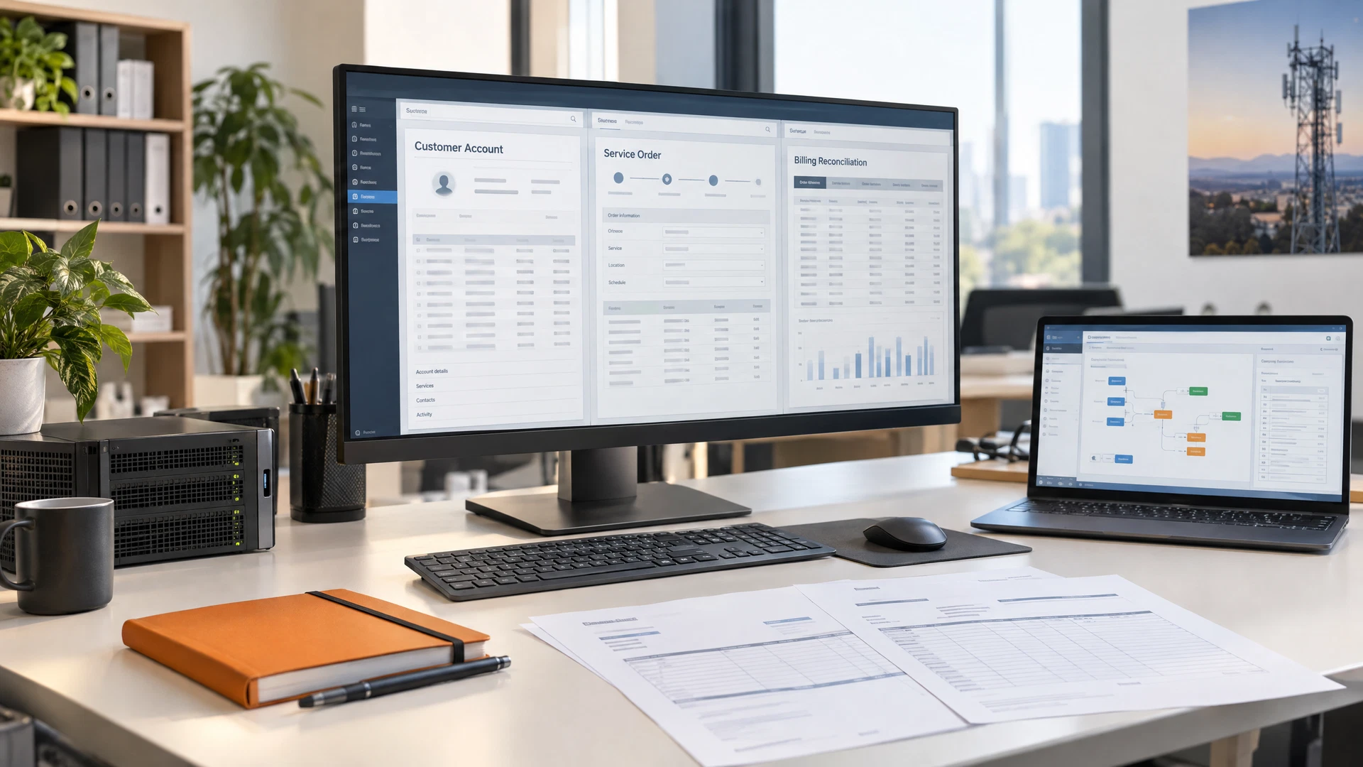 Business systems workstation displaying customer-account, service-order and billing-reconciliation application views
