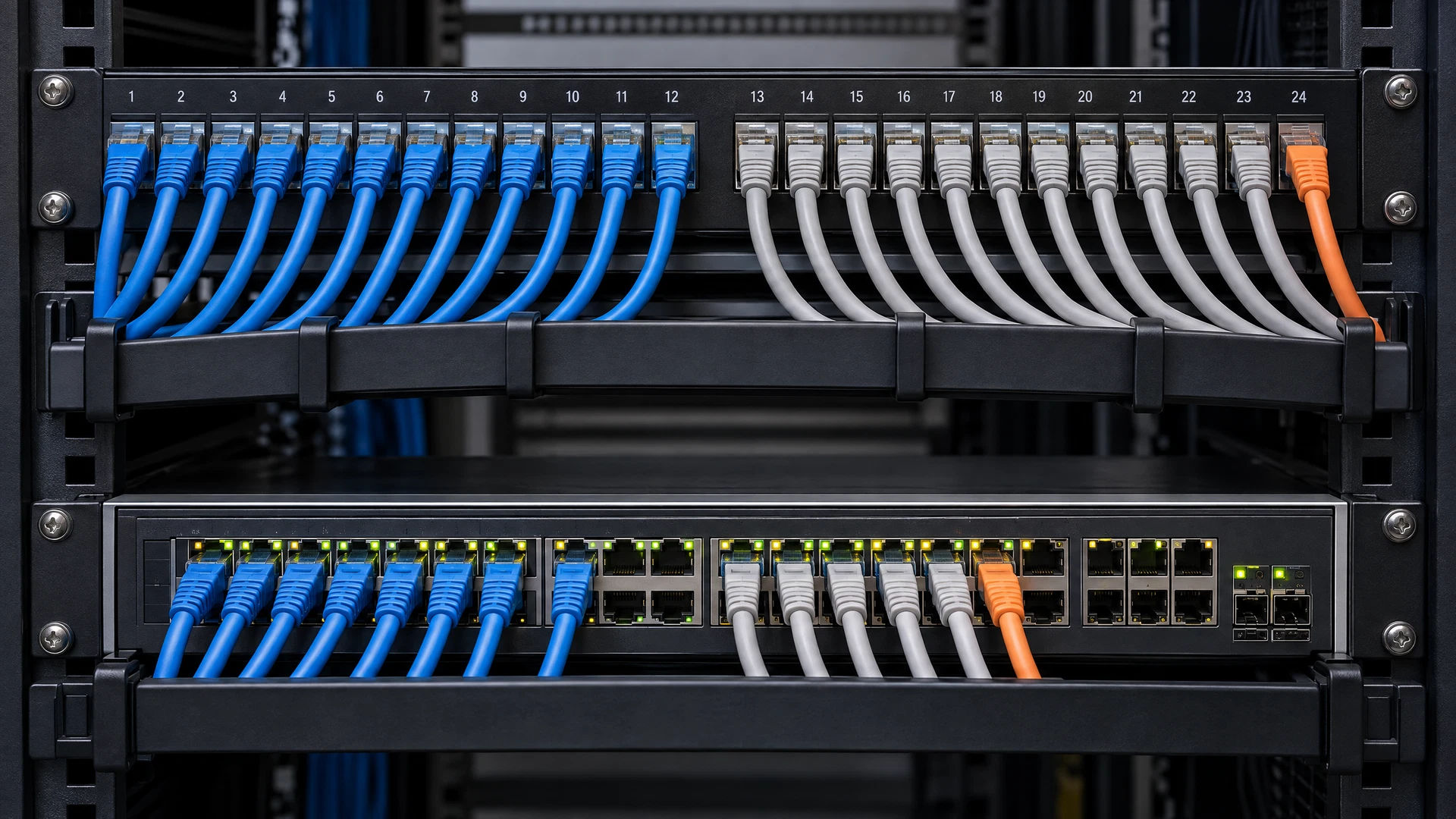 Ethernet patch panel and managed network switch with carefully organized patch cables