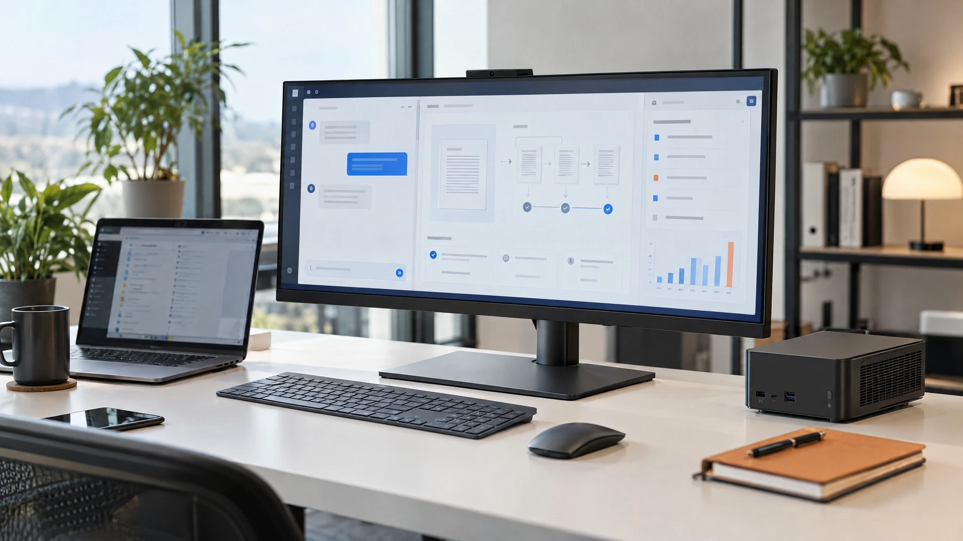 Modern workstation showing an AI assistant and business document-processing workflow