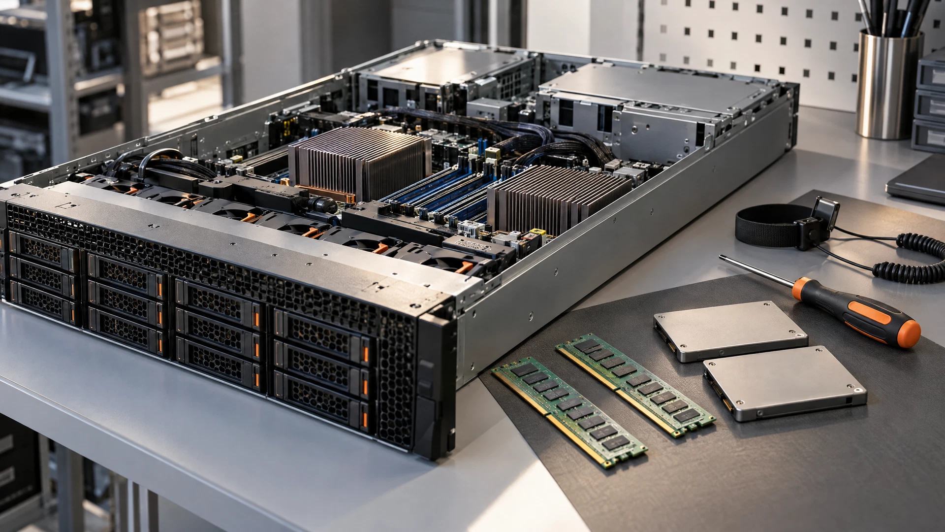 Open enterprise server with memory modules and solid-state drives on an antistatic workbench