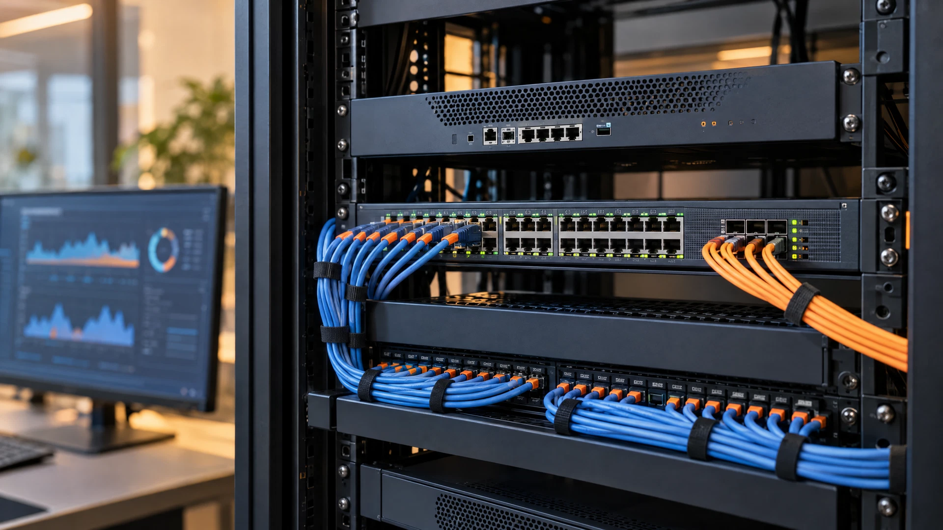 Enterprise firewall and network switch with organized cabling in a clean equipment rack