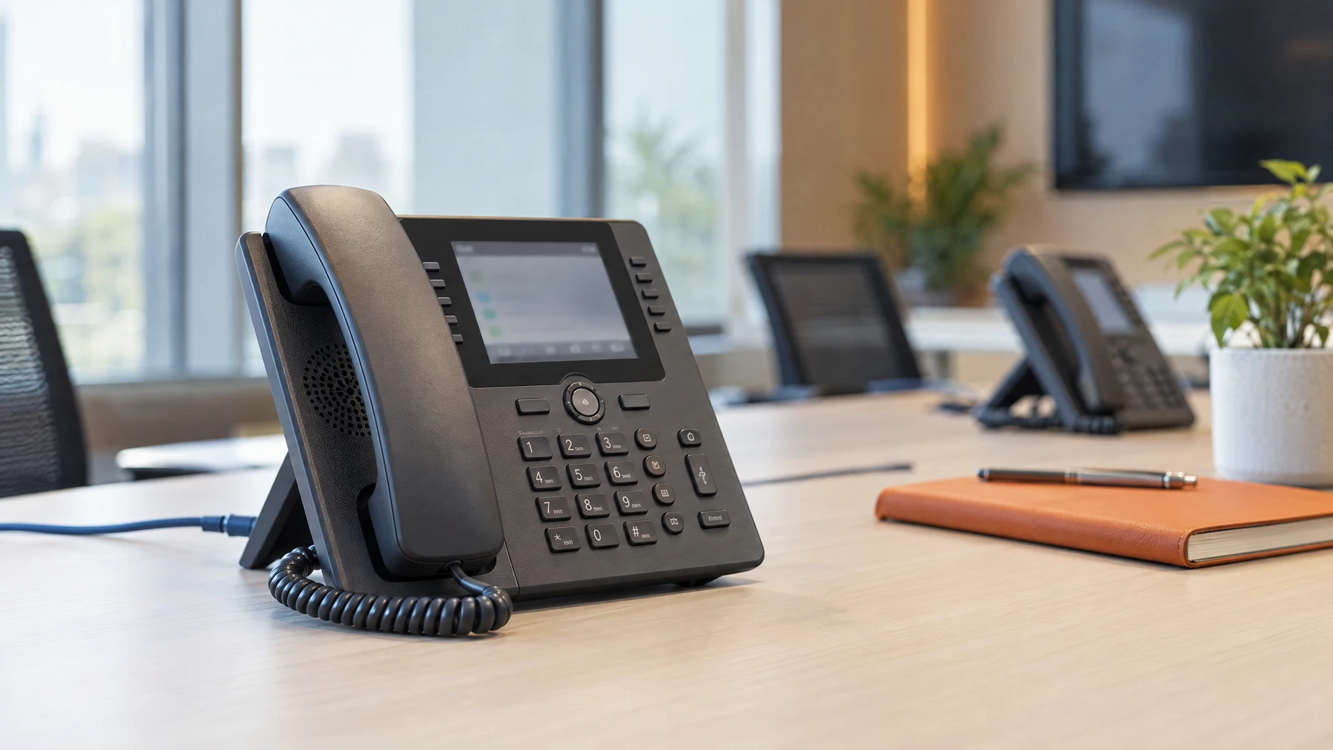 Business IP desk phone and network connection in a modern office