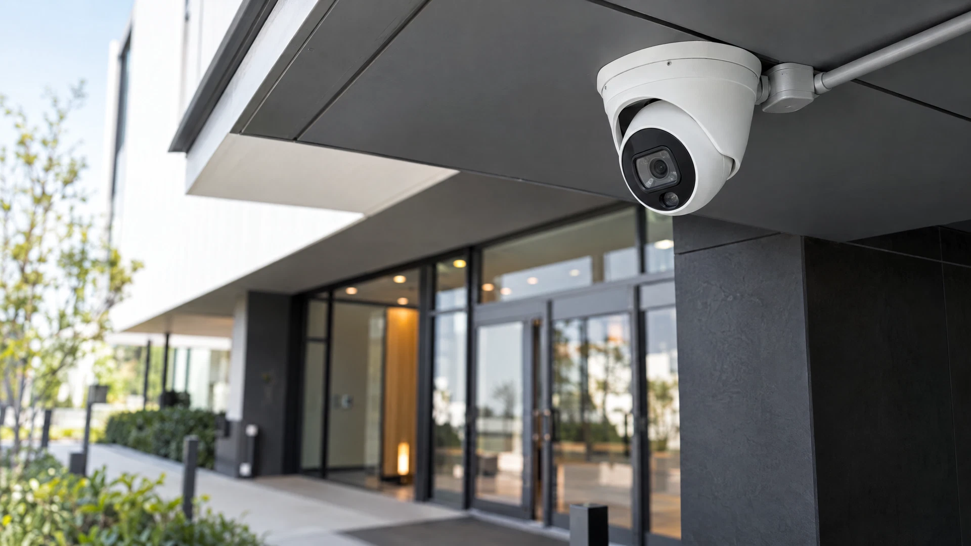 Turret surveillance camera mounted beneath the eave of a contemporary commercial building