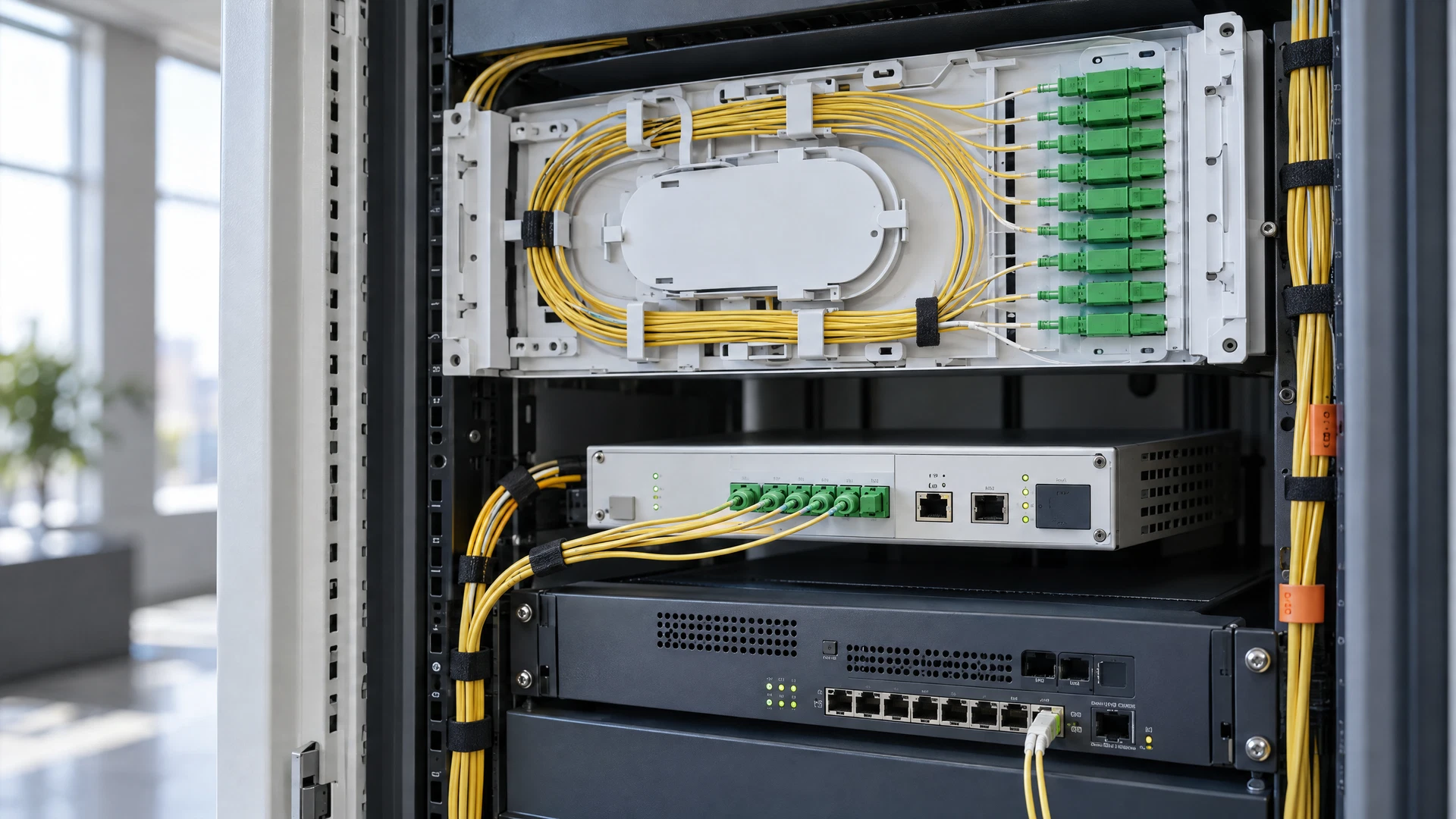 Fiber-optic termination equipment and a business edge router with neatly arranged connections