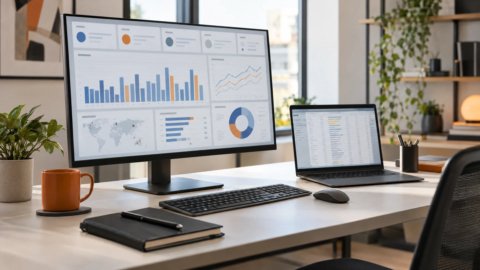 Business analyst workstation showing dashboards with trend charts, performance indicators and data preparation views