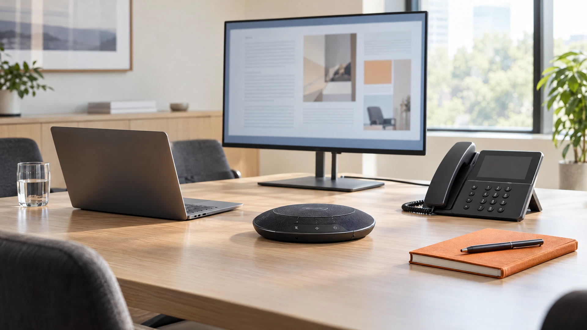 Meeting room workstation with collaborative office devices, a laptop and business calling equipment