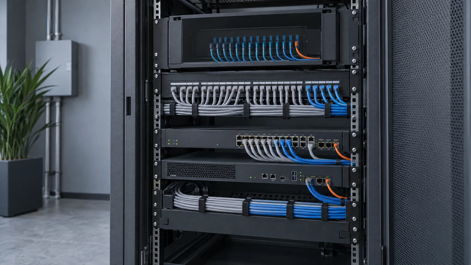 Organized enterprise network cabinet with switching, security and fiber connectivity equipment