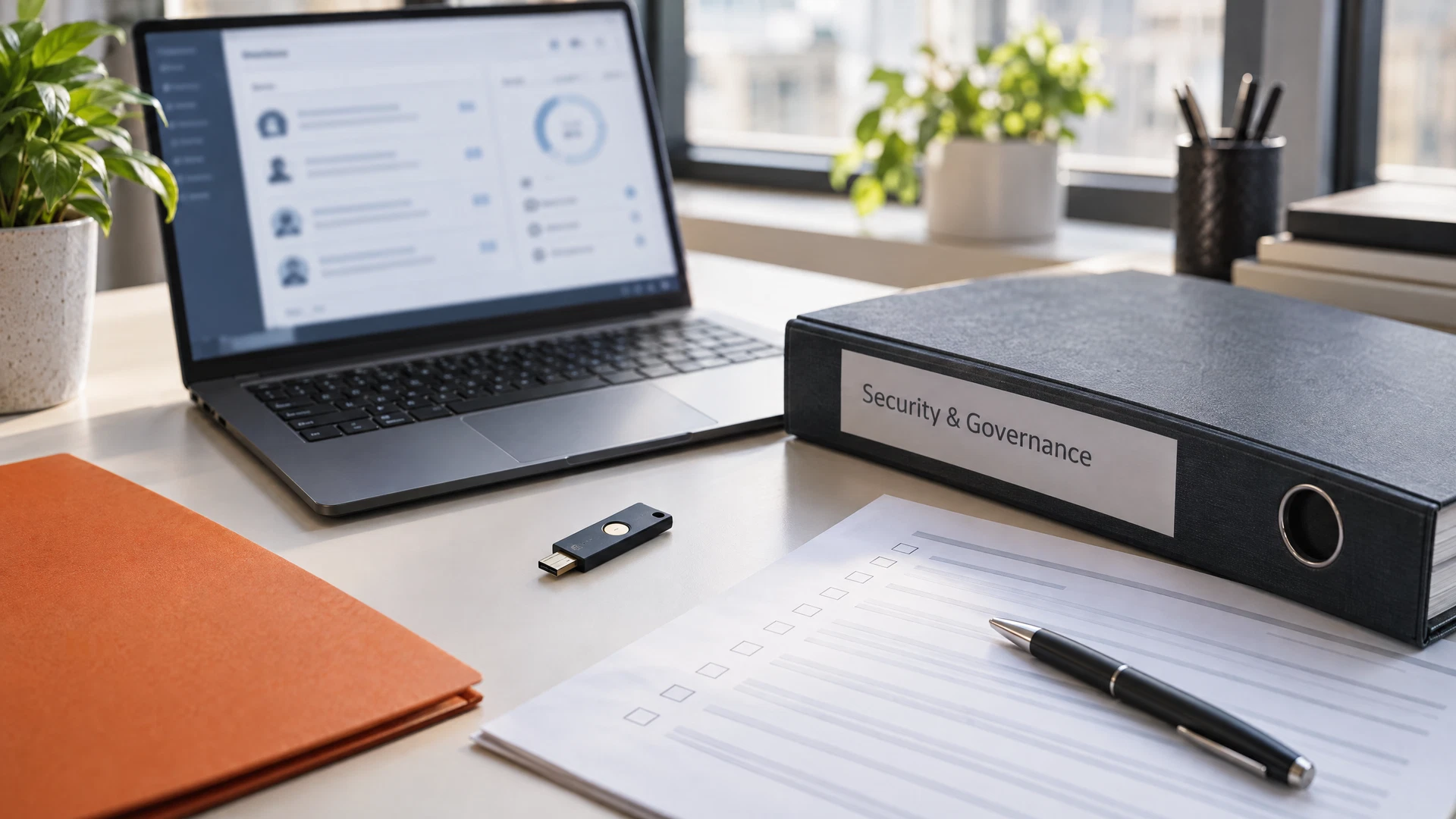 Laptop, authentication key and policy documents on an organized professional office desk