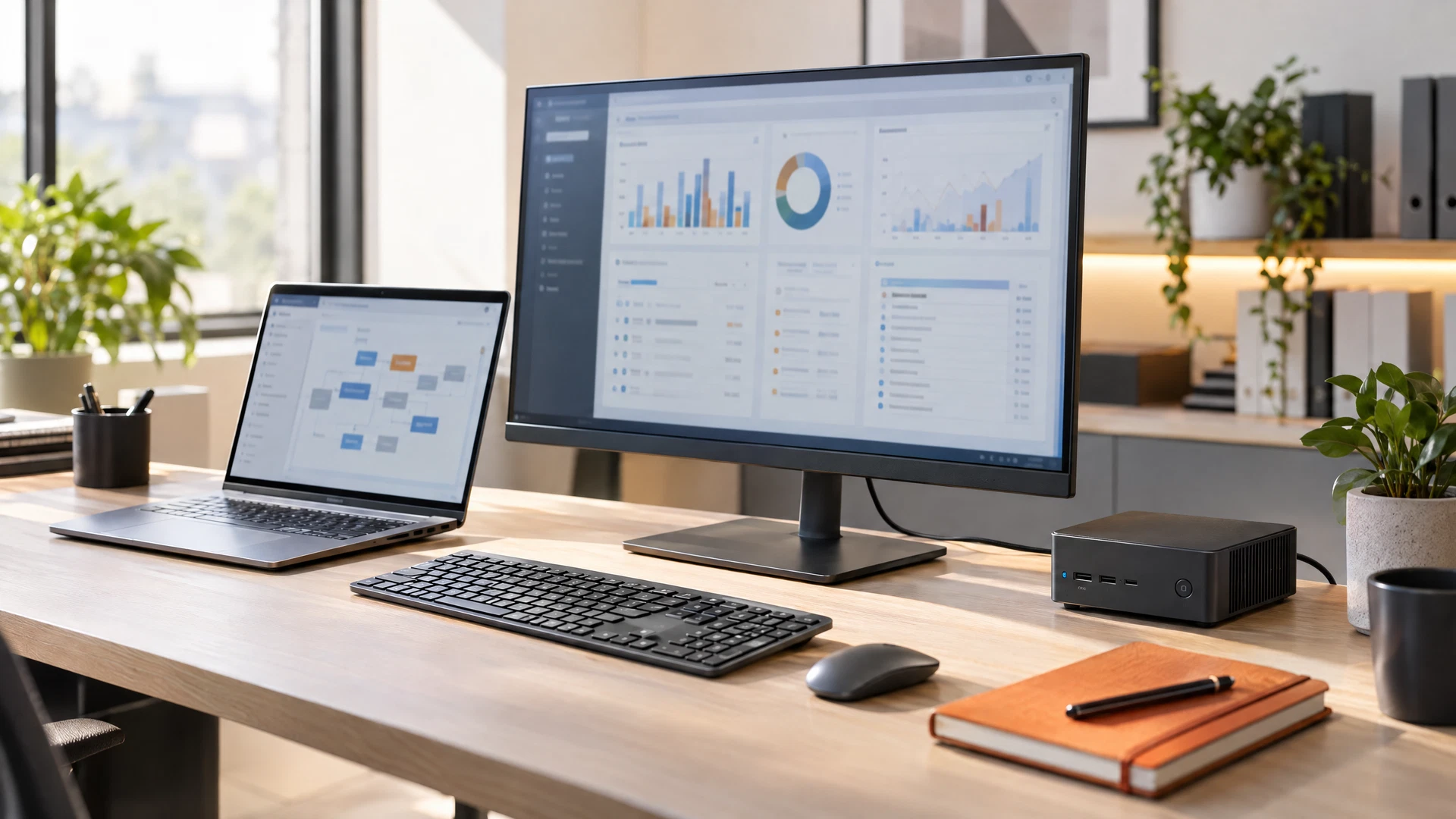Business workstation with connected application dashboards, a laptop and an edge-computing device