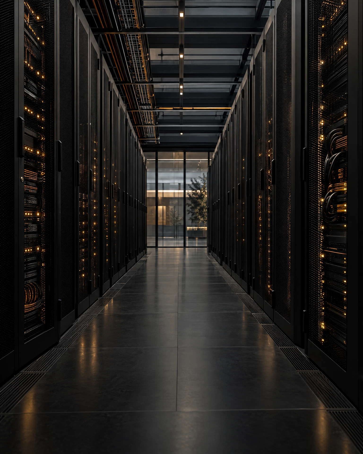 Modern server infrastructure with organized racks and warm status lighting