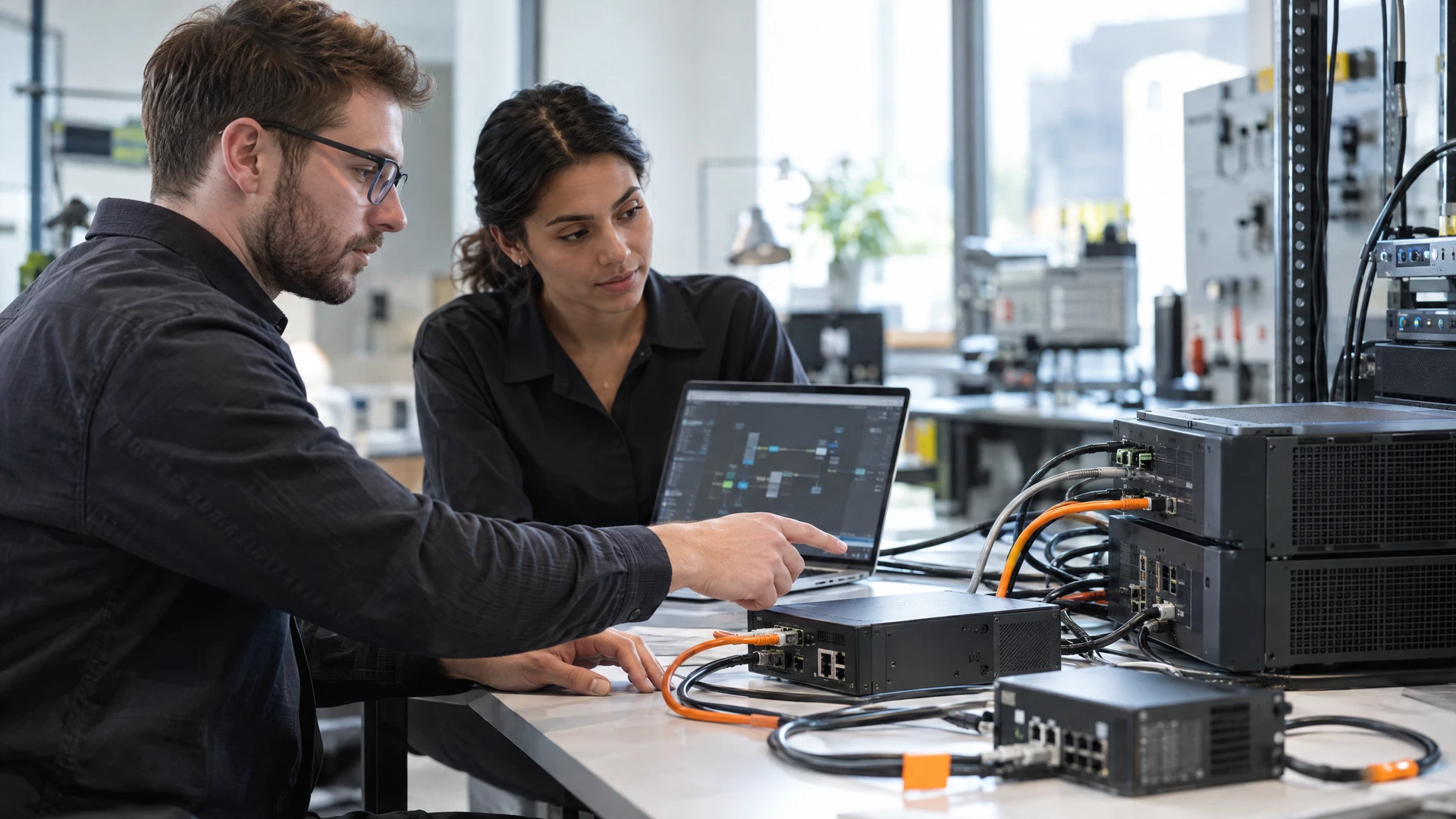 Engineers testing interconnected systems and gateway devices in a technology lab