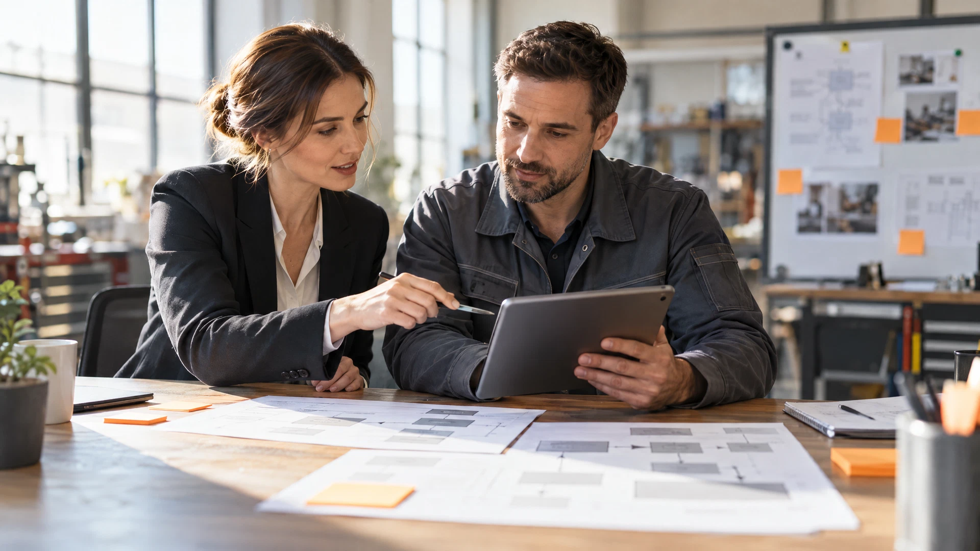 Consultant and operations manager mapping a paper process into a digital workflow