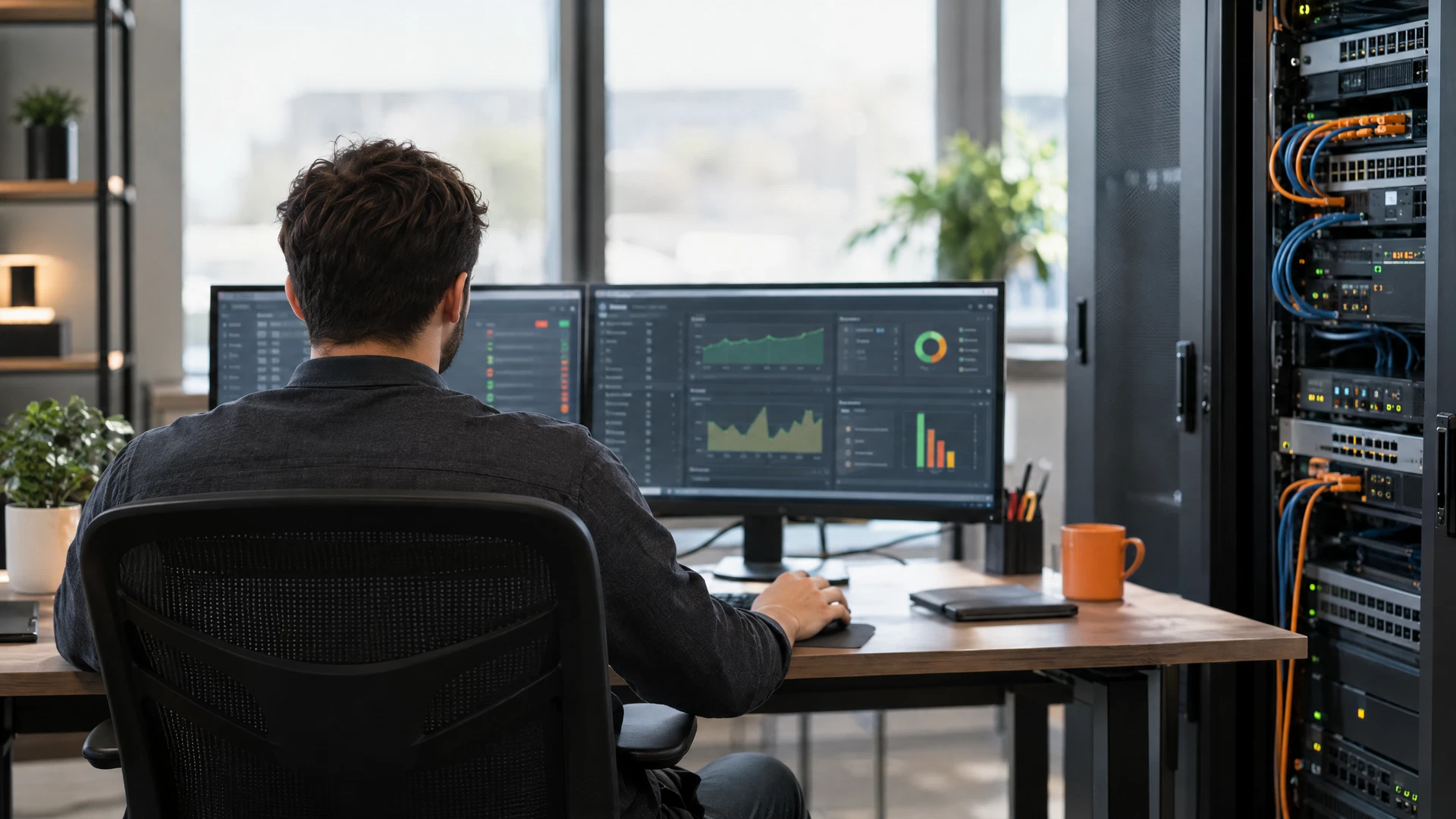 IT analyst monitoring business systems beside an organized server cabinet
