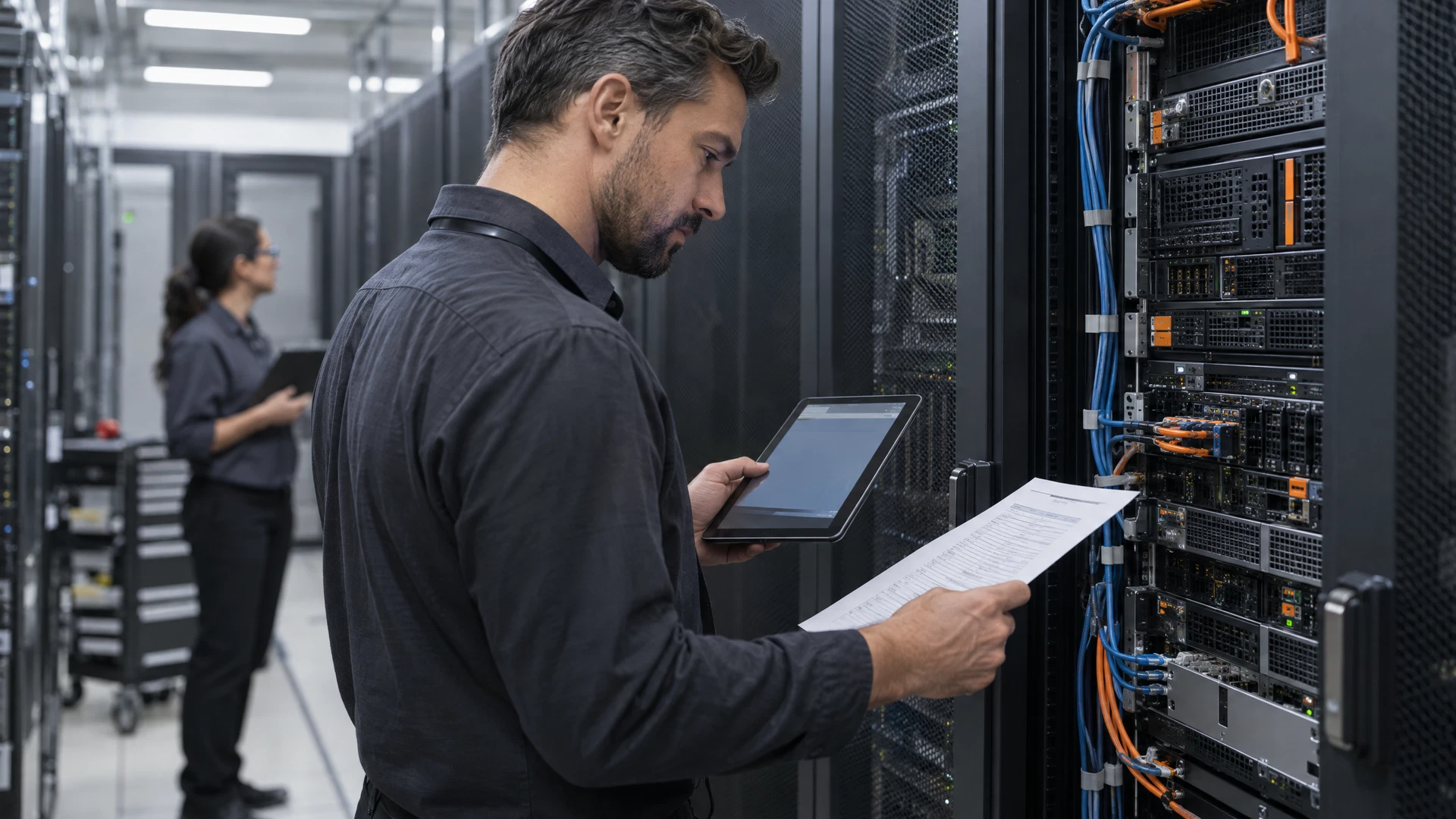 Technology auditor inspecting enterprise server equipment with a tablet