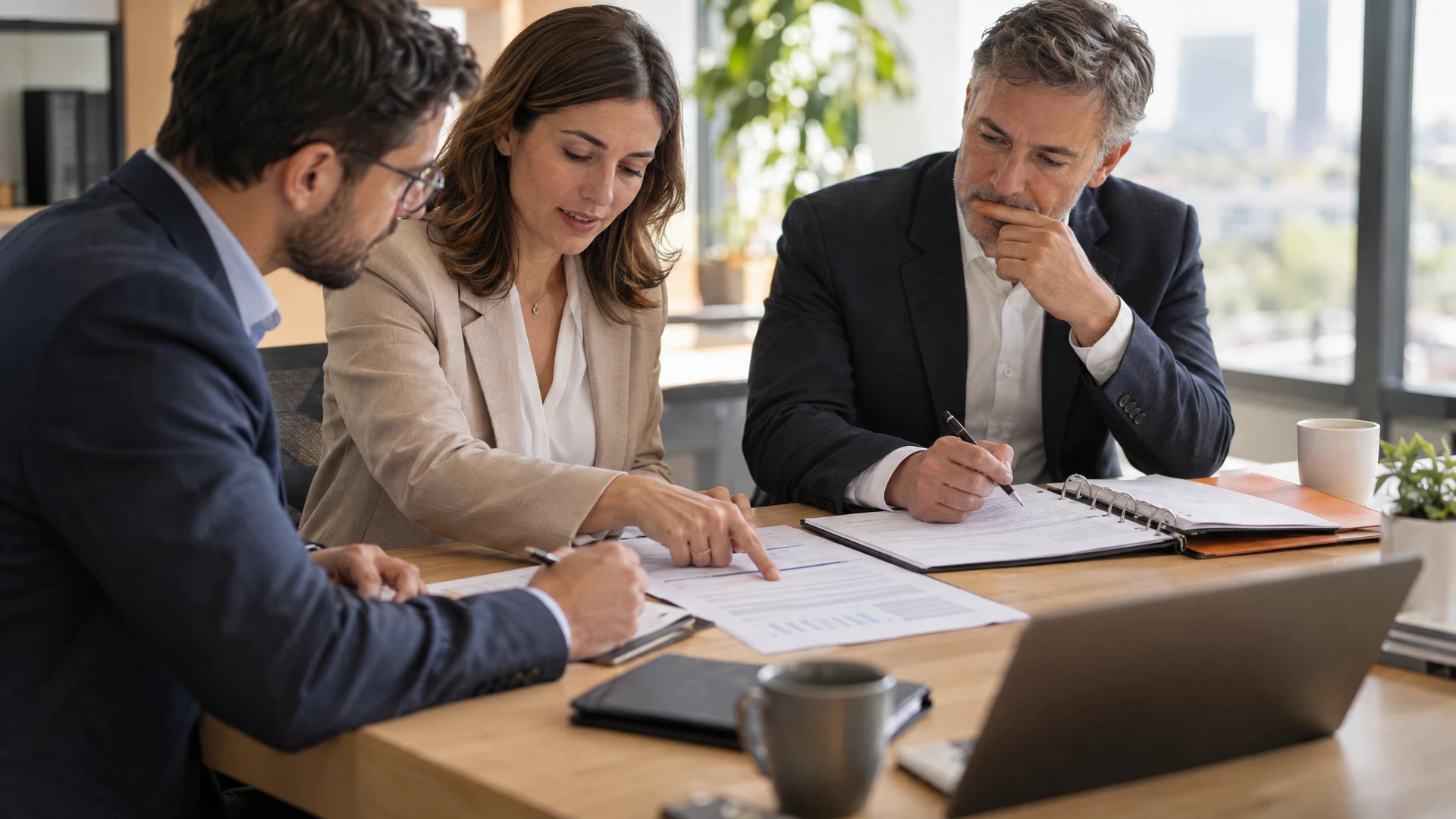 Consulting team reviewing policy documents and a controls checklist